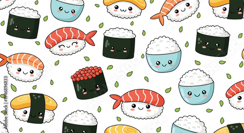 Kawaii sushi seamless pattern with cute smiling rice bowls, nigiri, and maki pieces with green tea leaves on a white background.