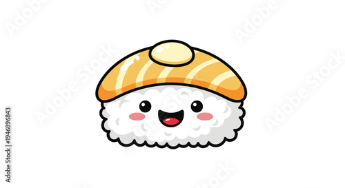 Adorable kawaii salmon nigiri sushi character with a happy smiling face isolated on a plain white background for logo use.