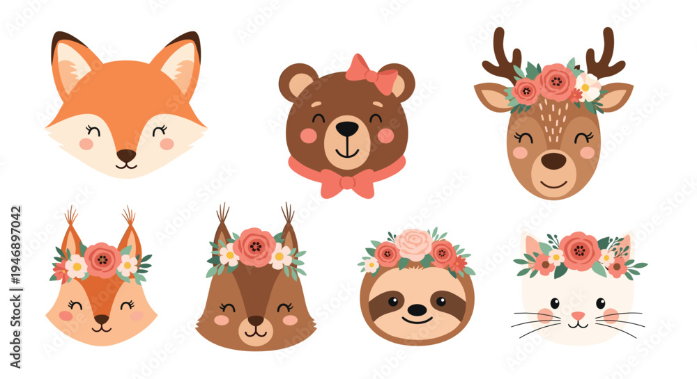 Fototapeta premium Adorable set of cartoon animal faces including fox, bear, and deer wearing beautiful floral wreaths and spring flower crowns.