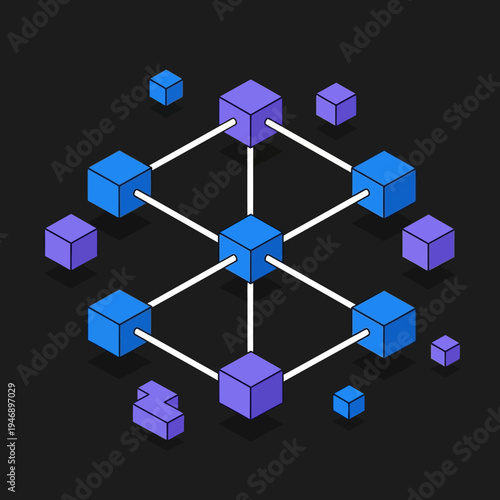 Isometric illustration of a blockchain network with interconnected nodes, representing data.