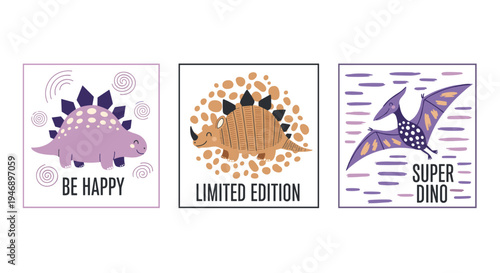 Motivational cards for children featuring cute cartoon dinosaurs and inspiring quotes like be happy and super dino card.