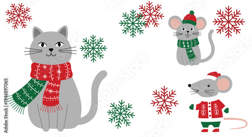 Gray cat wearing a red and green scarf sits near two little mice dressed in winter hats and sweaters amidst falling snowflakes.