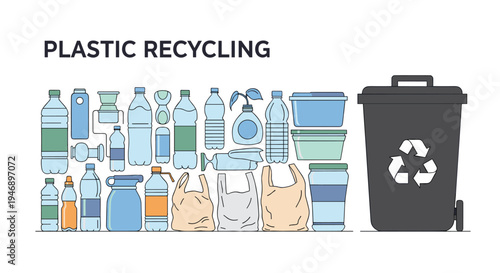 Collection of plastic bottles, bags, and containers ready for recycling next to a large gray trash bin with the universal recycle sign.