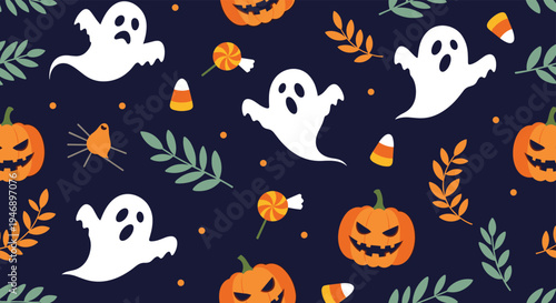 Seamless Halloween pattern features spooky white ghosts, carved pumpkins, autumn leaves, and sweet candy on a dark blue background.