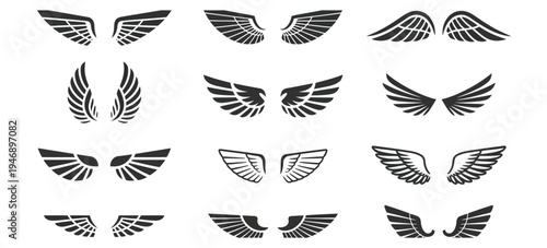 Wing badges vector set, featuring eagle wings, retro insignias, and winged signs for aviation, business emblems, tattoos, and label design projects.