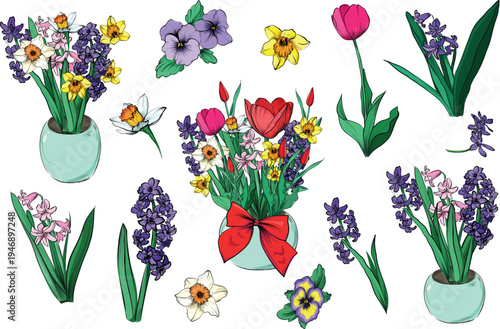 Bouquets of tulips hyacinths and spring flowers arranged in vases vector