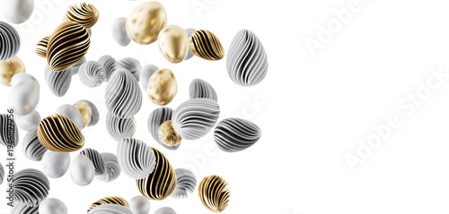 Stylish 3D rendered illustration of modern easter eggs in gold, silver, and textured patterns. Perfect for Easter, desig