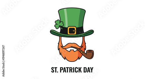 Classic St Patrick Day symbols including a green leprechaun hat with a shamrock, a ginger beard, and a wooden smoking pipe.