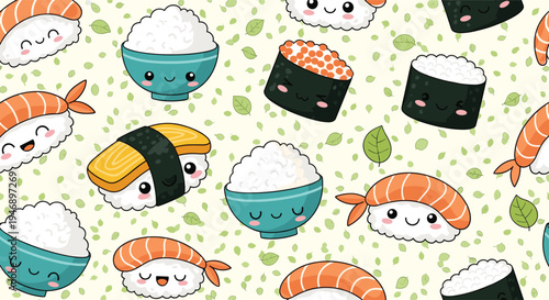 Cute sushi and rice bowl characters with happy faces form a seamless pattern decorated with small green leaves on a light background.