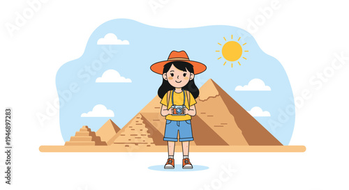Young female traveler wearing a sun hat and backpack stands in front of the great Egyptian pyramids under a bright shining sun.