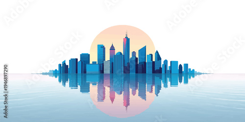 A 3d vector illustration of an abstract blue background with reflections of a city skyline skyscraper and business finance chart for a modern urban success concept