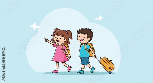 Two happy children with backpacks and a rolling suitcase walk together as they prepare for an exciting travel adventure.