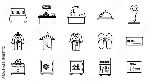 A set of minimalist hotel icons and illustrations in a flat line art style
