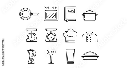 A set of kitchen icons including cooking utensils and chef tools in a minimalist line art style