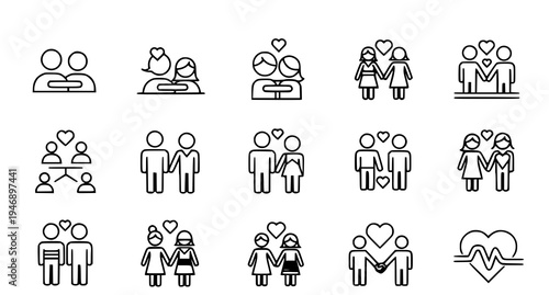 A set of minimalist line art icons depicting various loving relationships and connections between people