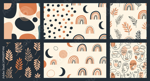 Collection of six abstract boho patterns featuring rainbows, moons, celestial shapes, leaves, and artistic line art faces.