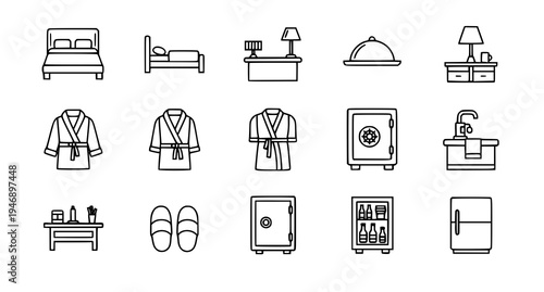 A set of minimalist hotel icons and illustrations in a flat line art style