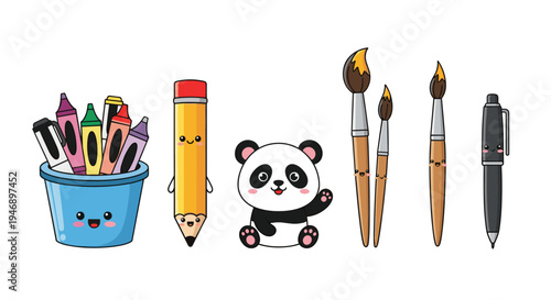 Creative art supplies set features kawaii pencils, brushes, and a pen along with a cute sitting panda and a cup of crayons.