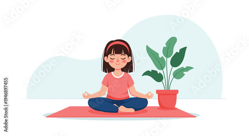 Calm young girl practices mindfulness and meditation in a lotus pose on a yoga mat next to a large potted plant in her room.