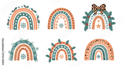 Selection of winter themed boho rainbows is decorated with snowflakes, holly leaves, and stars in soft earthy and green tones.