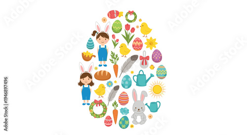 Large egg-shaped collage contains numerous Easter and spring icons including bunnies, chicks, eggs, carrots, and flowers.