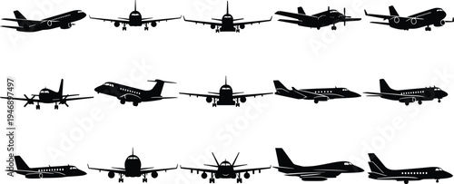 Airplane silhouettes collection, aircraft front view flying planes set, aviation transport vector icons, airplane flight illustration design