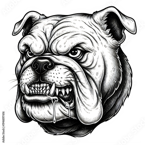 Fierce bulldog with an intense and determined expression in black and white illustration isolated on transparent background