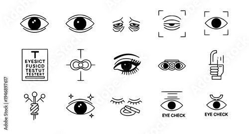 A collection of minimalist eye icons and illustrations in a flat design style