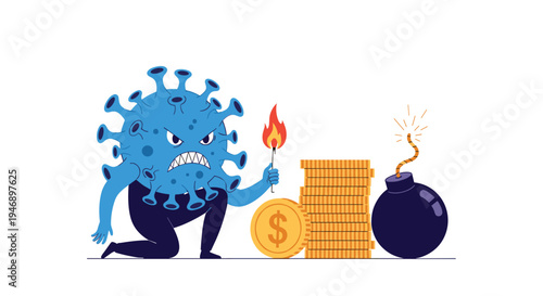 Menacing blue virus character attempts to light a fuse on a large bomb next to stacks of gold coins symbolizing economic crisis.