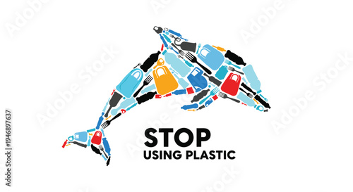Silhouettes of plastic waste items form the shape of a jumping dolphin above the text stop using plastic to raise eco awareness.
