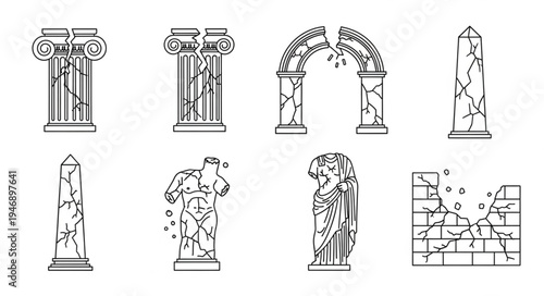 Ancient Ruins Collection - Columns, Arch, Obelisk, Statue, and Wall.