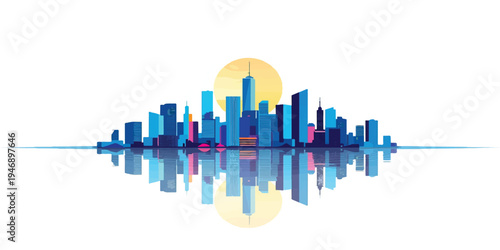 Modern 3d cityscape illustration featuring a black urban skyline with a blue reflection and tall skyscraper buildings in a sleek downtown business concept