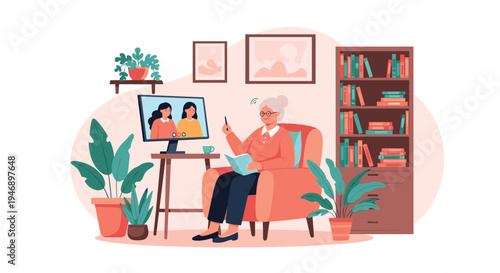 Senior woman wearing glasses enjoys a video call with her granddaughters while sitting in a comfortable armchair in her home library.