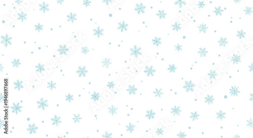 Simple and elegant seamless pattern features delicate blue snowflakes and dots scattered across a clean white background for winter.