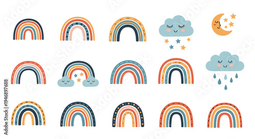 Collection of hand drawn rainbows, sleeping clouds with raindrops, and a crescent moon with stars in a soft and dreamy pastel style.