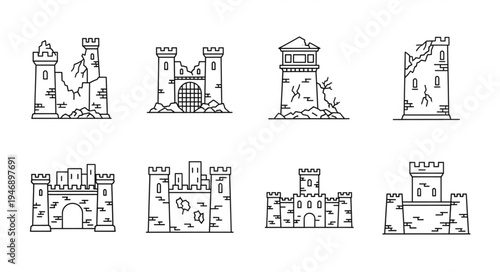 Collection of Medieval Castle Ruins and Fortifications in Line Art Style.