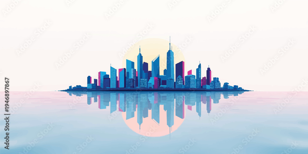 Obraz premium A sunset reflects over a 3d urban cityscape where a skyscraper skyline meets the river, creating a modern architectural silhouette of a downtown business district
