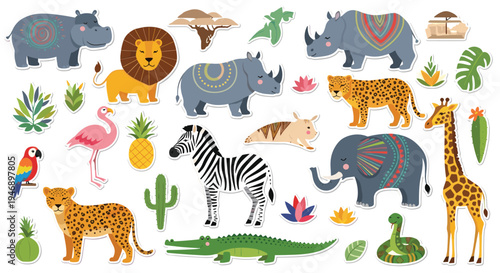 Collection of colorful African animal stickers featuring a lion, elephant, giraffe, zebra, and other savanna wildlife with desert flora.