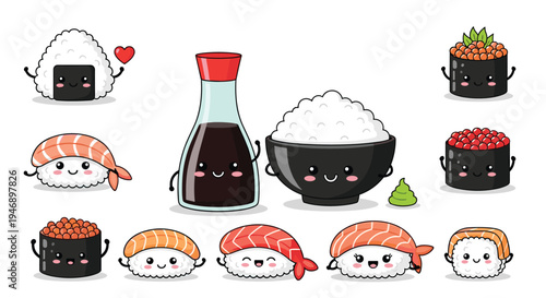 Set of kawaii sushi characters and Japanese condiments features smiling nigiri, rolls, rice, soy sauce, and a ginger heart.