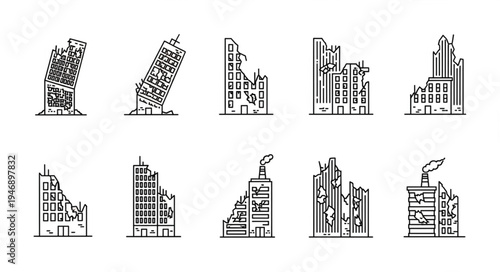 Sketches of Ruined City Buildings - A Post-Apocalyptic Urban Landscape.