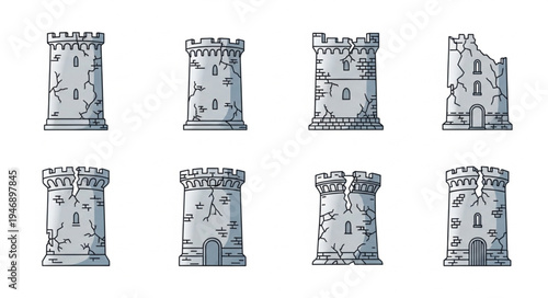 Collection of Pixel Art Castle Towers for Game Development.