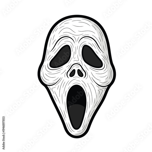 A ghostface mask screams in horror on a white background with fearful expression