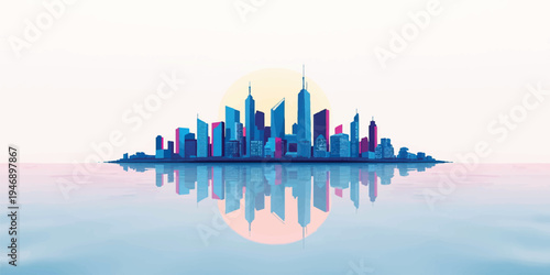 A sunset reflects over a 3d urban cityscape where a skyscraper skyline meets the river, creating a modern architectural silhouette of a downtown business district