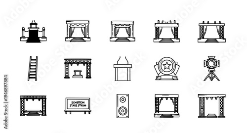 A collection of black and white vector icons depicting various stage and theater elements, including curtains, spotlights, and sound equipment.