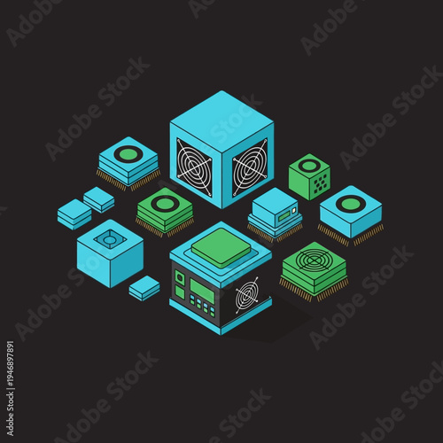 Isometric illustration of various technological components, showcasing a modern and intricate design.