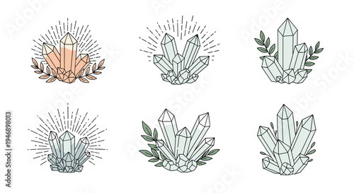 Collection of crystal cluster designs with botanical leaves, solar rays, and soft colors for a mystical and spiritual aesthetic.