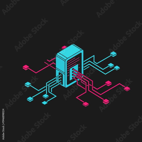 Isometric illustration of a central processing unit with connected circuits and data pathways.