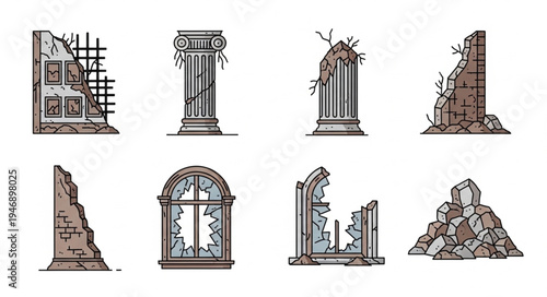 Collection of Ruined Building Elements and Architectural Fragments.