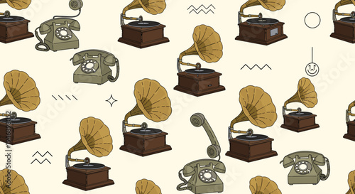 Retro seamless pattern features vintage gramophones and rotary telephones arranged on a cream background with simple geometric accents.