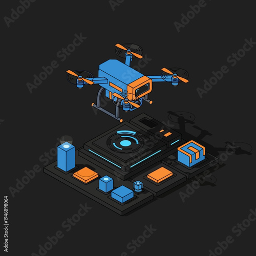 Isometric illustration of a drone hovering above a futuristic control panel with glowing elements.